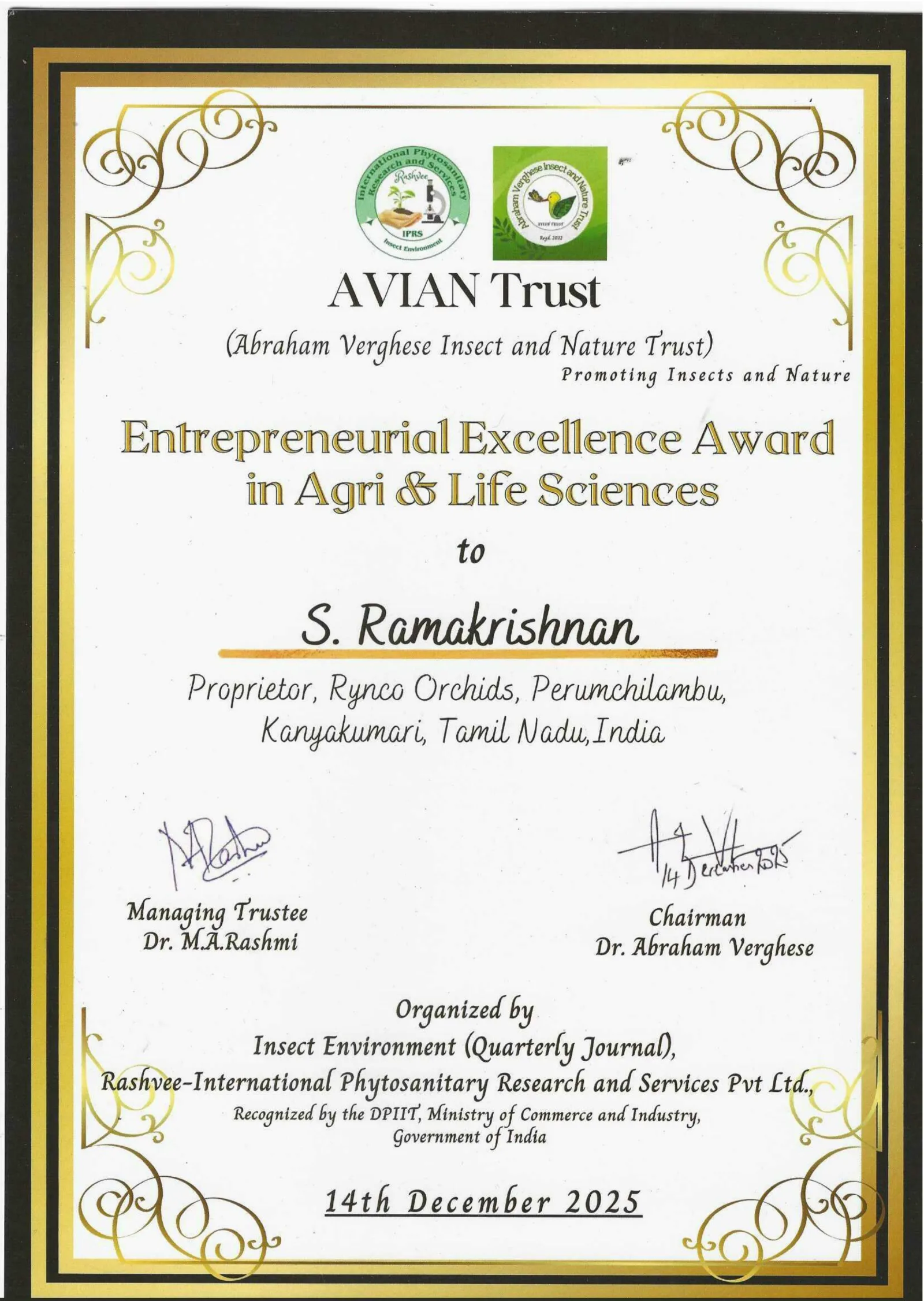 Entrepreneurial Excellence Award in Agri and Life Science